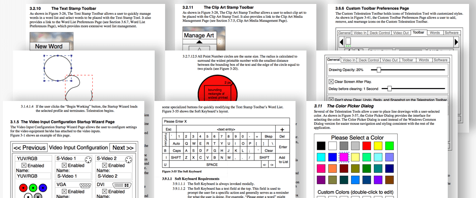 Screenshots from a specification document for a Video Control and Telestration System