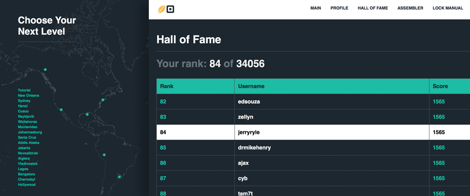 Screen shot of the Microcorruption game's leaderboard and level chooser
